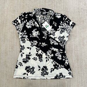 NWT DKNY Faux Wrap Knit Floral Short Sleeve Blouse Top L